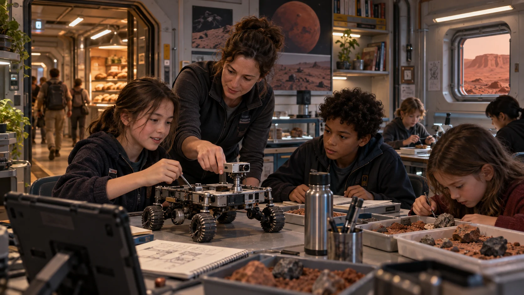 A teacher guides children working with a small rover and rock samples in Concord’s school