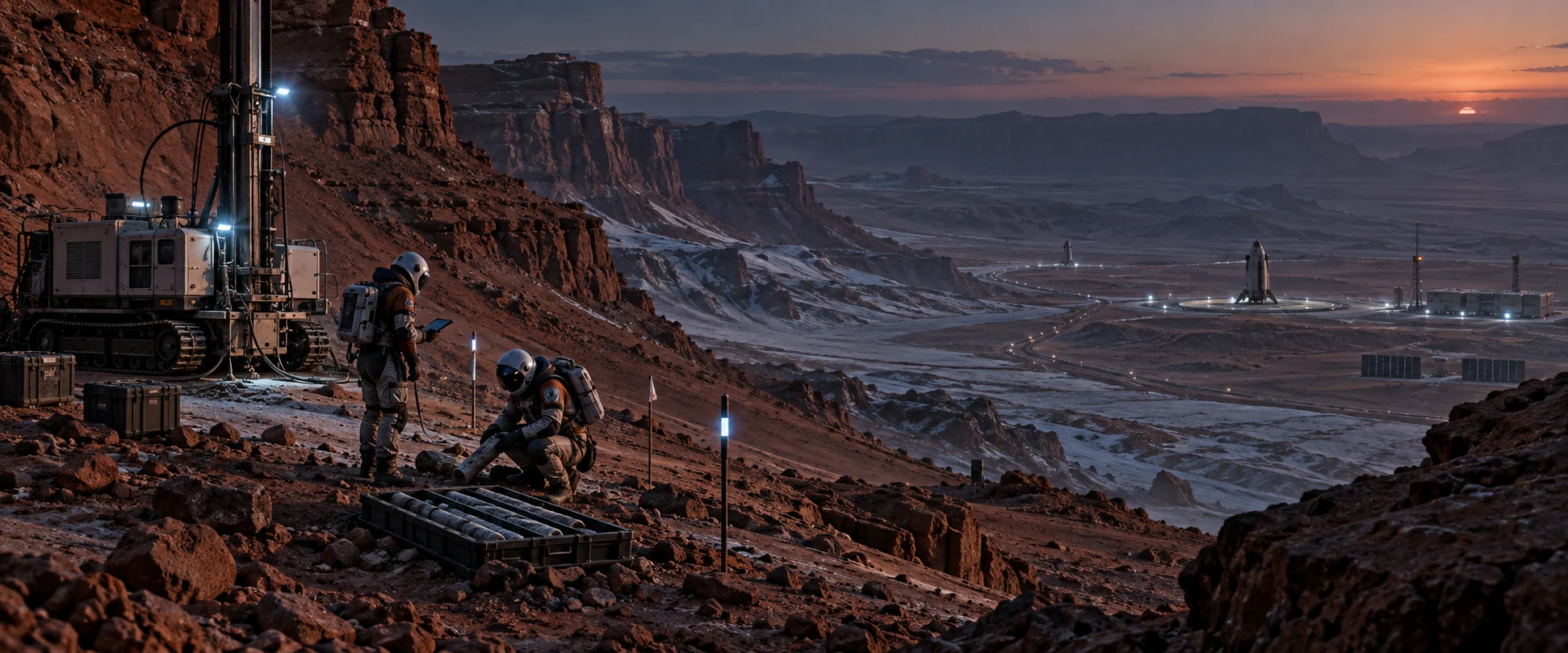 Two suited surveyors examine core samples above a road leading to distant landing pads at dusk