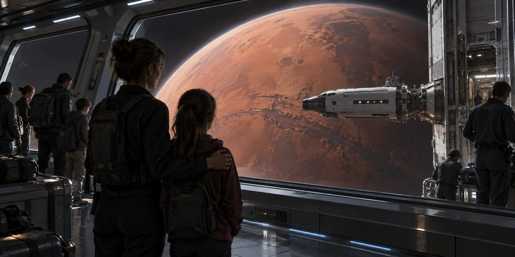 A mother and daughter watch Mars from a carrier while a docked ferry waits outside