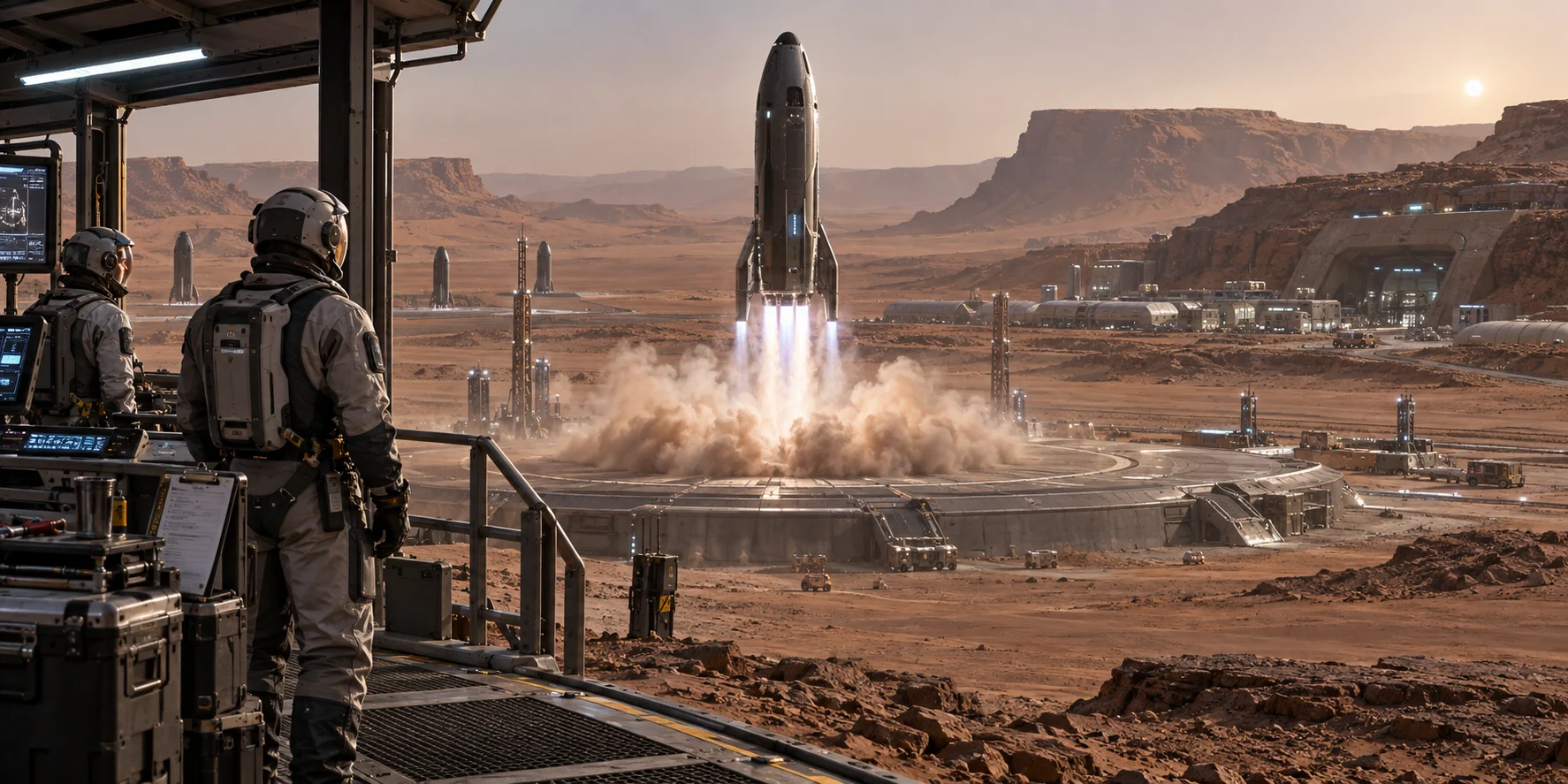 A reusable Mars ferry rises from a prepared pad as suited technicians watch from a protected shelter