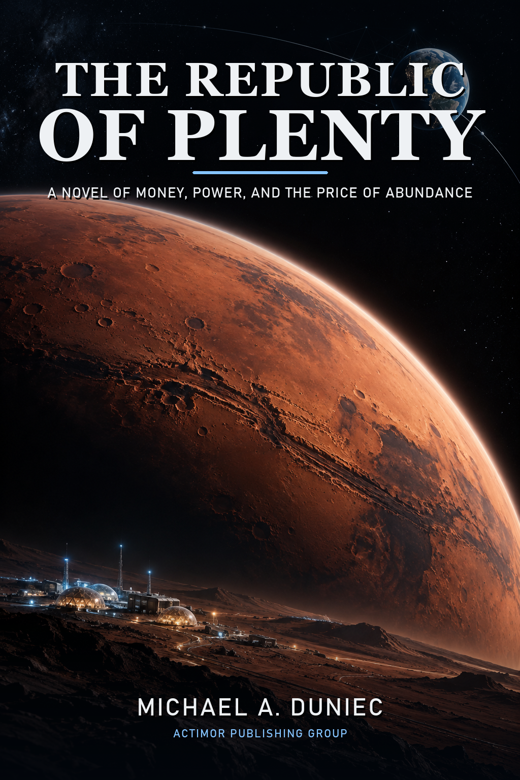 Mars above a small illuminated settlement, with Earth in the distance