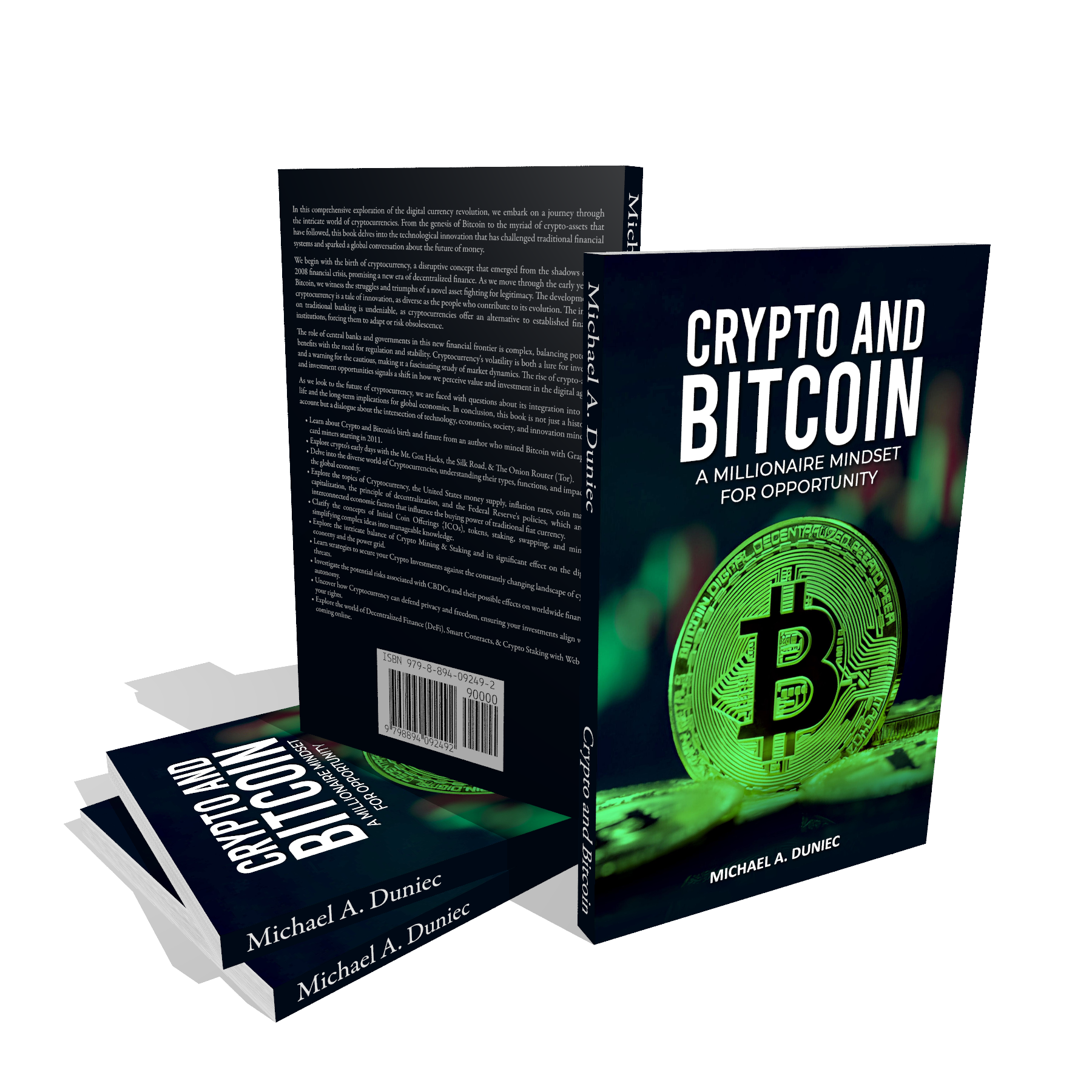 Three dimensional mockup of Crypto and Bitcoin paperback copies